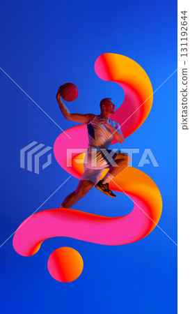 Creative digital artwork. Basketball player leaping with neon pink and orange swirl on blue background 131192644