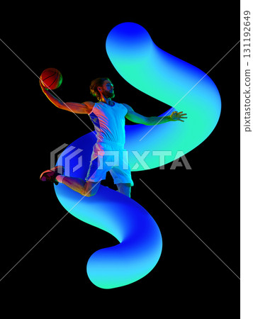 Trendy poster. Basketball player in dynamic neon dunk with glowing blue swirl on black background 131192649