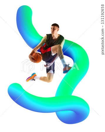 Creative collage. Basketball athlete suspended in motion with abstract blue swirl expressing energy 131192658