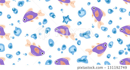 Seamless Purple Fish Bubble Pattern 131192749