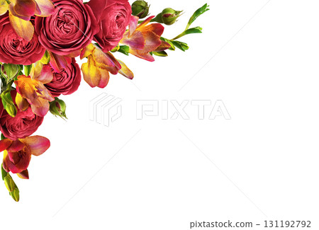 Red roses and freesia flowers in a corner floral arrangement isolated on white Red roses and freesia flowers in a corner floral arrangement isolated on white 131192792