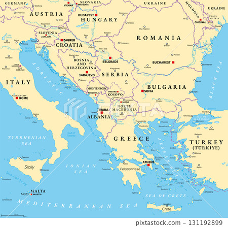 The Balkans, and the Balkan Peninsula, political map, with country borders, capitals, and largest cities. Geographical area in southeastern Europe, bordered by Adriatic, Ionian, Aegean, and Black Sea. 131192899