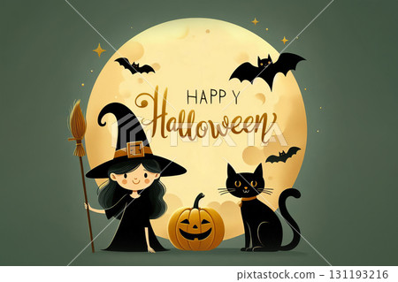 Happy Halloween card with witch, black cat and pumpkin. Flat illustration. 131193216