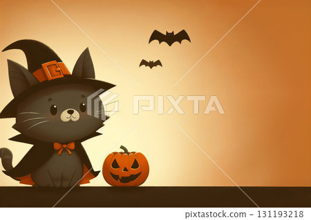 Halloween background with black cat and pumpkins, flat illustration. 131193218