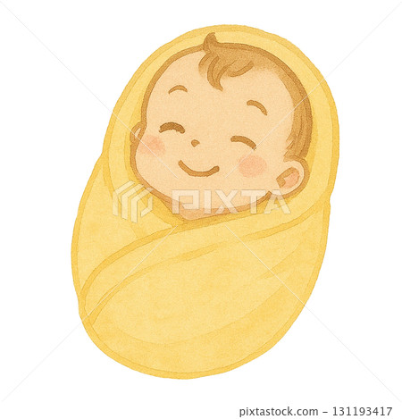 Illustration of a baby wrapped in a swaddling cloth / yellow 131193417