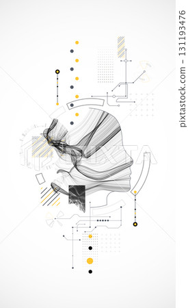 Creative illustration. The outline of the head with waves in the middle is complemented by various technological art elements. 131193476