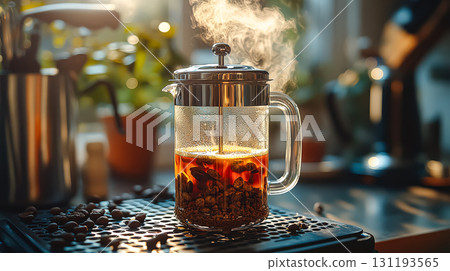 Coffee pot with a coffee filter in it is on a counter 131193565