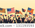Crowd of people are holding up American flags 131193593