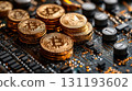 Stack of gold coins with the letters B and E on them 131193602
