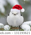 Cute long-tailed tit in a Santa costume 131193621