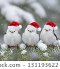 Three cute long-tailed tits wearing Santa hats 131193622