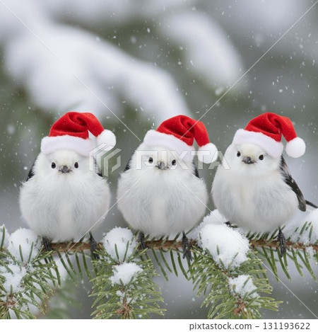 Three cute long-tailed tits wearing Santa hats 131193622
