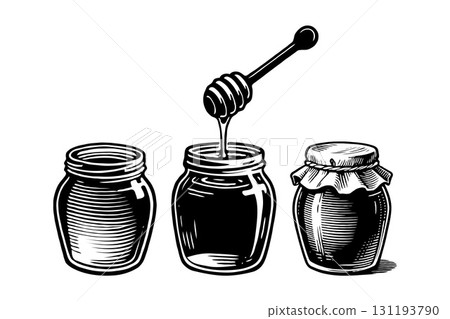 Three hand-drawn honey jars including one with dipper, vintage engraving style, on white background, concept of traditional beekeeping 131193790
