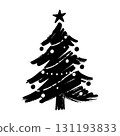 Stylized black Christmas tree with ornaments and star, grunge brushstroke style on white background, concept of festive holiday season 131193833