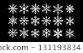 Set of hand-drawn white snowflakes in various styles on black background. 131193834