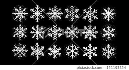 Set of hand-drawn white snowflakes in various styles on black background. 131193834