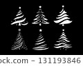 Set of six stylized white Christmas tree icons with stars and swirls, minimal graphic style, isolated on black background, concept of festive decoration 131193846