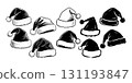 Collection of Santa hats in sketch style, monochrome drawing on white background. Concept of Christmas, holiday season, winter accessory 131193847