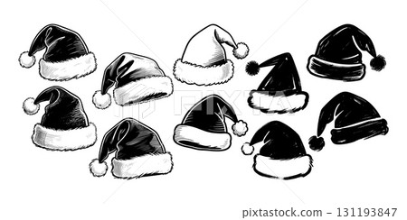 Collection of Santa hats in sketch style, monochrome drawing on white background. Concept of Christmas, holiday season, winter accessory 131193847