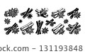 Black and white hand-drawn sketch of cinnamon sticks and star anise spices on white background, illustrating aromatic spice concept 131193848