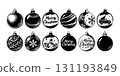 Set of twelve hand-drawn Christmas ornaments with festive patterns and lettering in monochrome style on white background, symbolizing holiday cheer 131193849