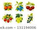 Juicy vector berries with green leaves. Cartoon berries for garden, food design, summer harvest and healthy lifestyle. Cherry, blueberry and strawberry garish illustration 131194006