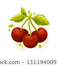 Juicy vector cherries with green leaves. Cartoon berries for garden, food design, summer harvest and healthy lifestyle. 131194009
