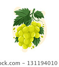 Fresh vector green grapes with leaves. Cartoon style bunch of berries for garden, summer harvest, wine or food design. 131194010