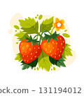 Bright vector strawberries with leaves and flower. Cartoon garden berries for food design, summer harvest and healthy lifestyle illustration. 131194012