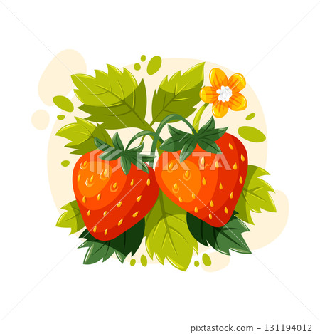 Bright vector strawberries with leaves and flower. Cartoon garden berries for food design, summer harvest and healthy lifestyle illustration. 131194012