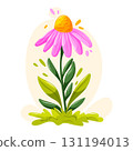 Bright pink flower with green leaves. Cartoon vector illustration for garden, nature, spring and floral design. 131194013