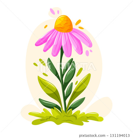 Bright pink flower with green leaves. Cartoon vector illustration for garden, nature, spring and floral design. 131194013