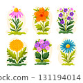 set of bright flowers with green leaves. Cartoon vector floral illustration for summer, nature and garden decoration. 131194014