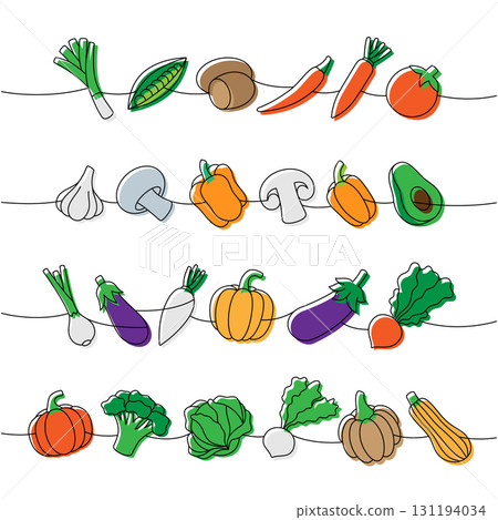 Vegetables one line colored continuous drawing. Carrot, tomato, garlic bulb, mushroom, bell pepper, avocado, pumpkin, broccoli, cabbage, turnip Vegetables one line colored continuous drawing. Carrot, tomato, garlic bulb, mushroom, bell pepper, avocado, pumpkin, broccoli, cabbage, turnip 131194034