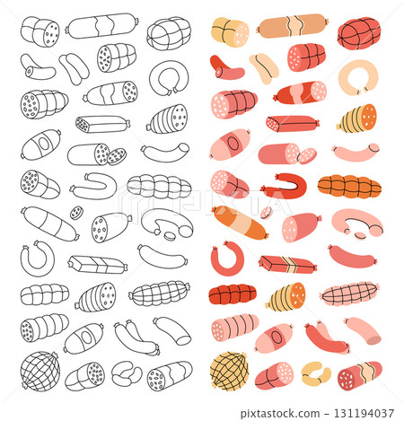 Sausages in vertical banner. Fresh raw sausages. Butchery menu design template for food market, ecommerce, products promotion. Vector illustration. 131194037