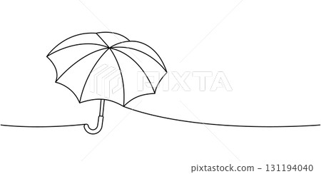 Minimalist umbrella outline in single line art style, simple vector design of open parasol symbolizing rain, shelter and protection 131194040