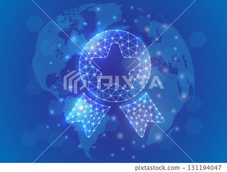 Award low poly symbol with world map background. Reward design illustration. Quality guarantee polygonal 3D concept 131194047