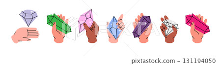 Set of hands holding crystals. Spirituality crystals. Gemstone, amethyst, ruby, sapphire, emerald, topaz and quartz. Vector illustration. 131194050