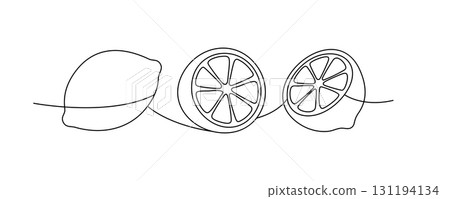 Black line lemon composition. Continuous contour illustration of whole and sliced lemons in minimalist style 131194134