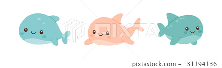 Cute cartoon whale characters in pastel colors. Marine animals for children designs and ocean-themed projects 131194136