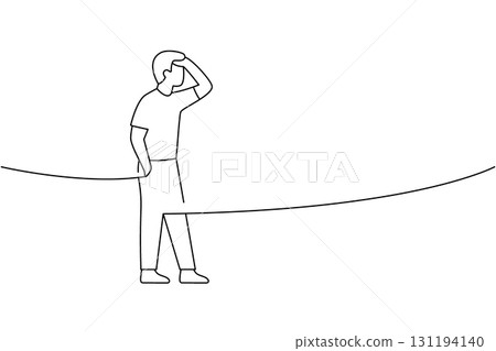 Minimalist outline of a man standing with hand shading his eyes, looking forward. Clean contour design for future vision themes 131194140