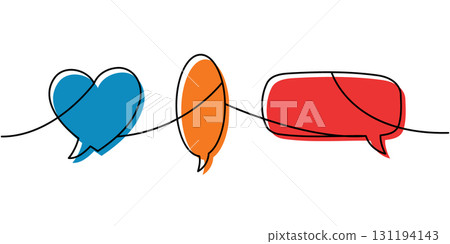 Minimalist line art with speech bubbles in blue, orange and red. Continuous outline sketch for love, chat and communication themes 131194143