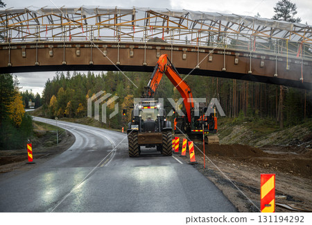 Excavator and tractor working on road construction under bridge in autumn forest 131194292