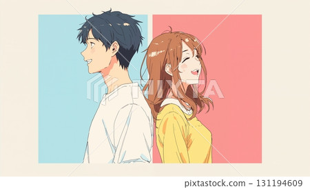 描繪了一對男女背對背微笑的幸福時刻 描繪了一對男女背對背微笑的幸福時刻 131194609