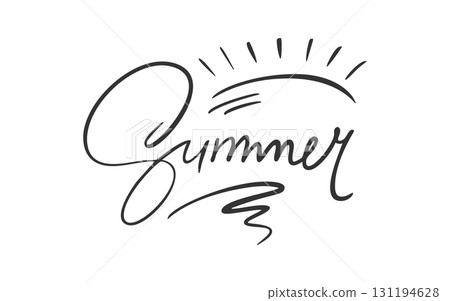 Handwritten Summer text in black ink under rising glowing sun, curved rays radiating upward, bold casual brush style lettering, minimal monochrome sunrise silhouette, warm energetic morning sky mood 131194628