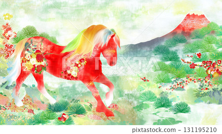 Reiwa 8 (2026) New Year's card illustration of a powerful red horse and Mt. Fuji 131195210