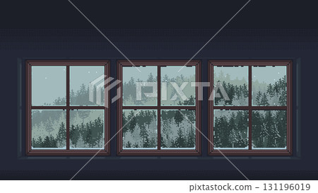 Pixel art winter forest view through window Pixel art winter forest view through window 131196019
