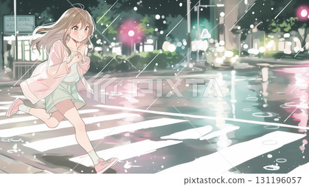 夜晚的路口和奔跑的女孩 131196057