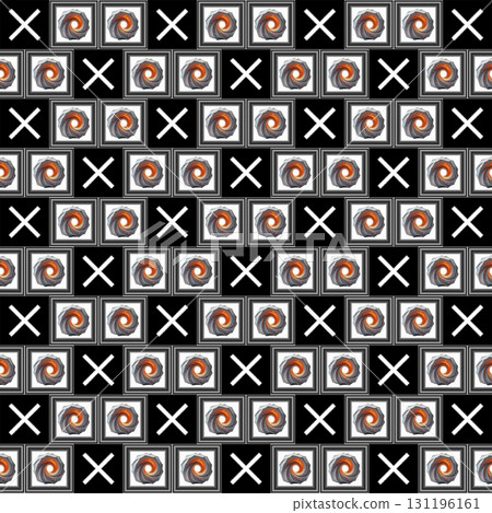 Whirlwind and crosses grid. A geometric pattern features a grid of repeating elements on a black background.  131196161