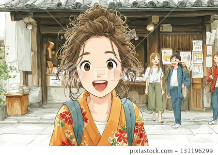 Miyu series: A daytime scene in which Miyu is wearing a floral yukata and chatting with a friend in the shrine grounds. 131196299